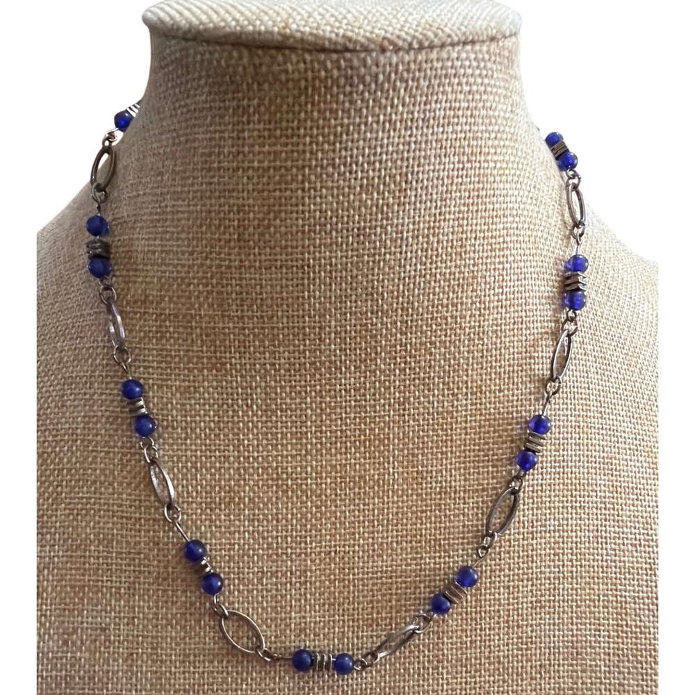 Silver Tone Blue Beaded Oval Link Chain Necklace Layering